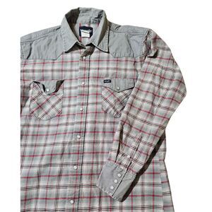 VTG Wrangler Canvas Brush Popper  Pearl Snap Long Sleeve Red/Gray Men's Size XLT